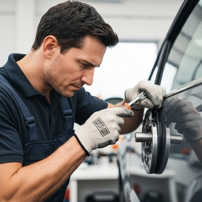 Professional locksmith working on a car door lock with specialized tools